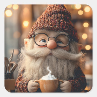 Cozy Gnome Enjoying a Cup of Hot Cocoa Square Sticker