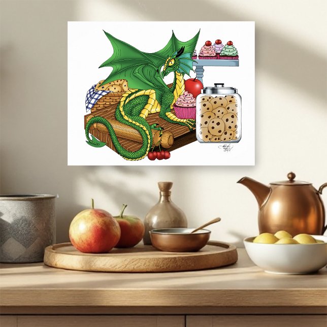 Cozy Green Pastry Chef Dragon Kitchen Bakery Poster (Creator Uploaded)