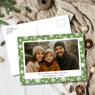 Cozy Green & White Snowflake Holiday Photo Postcard