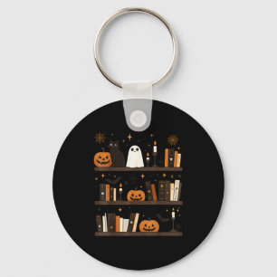 Cozy Halloween Bookshelf Ghost Pumpkin Bookish Boo Key Ring
