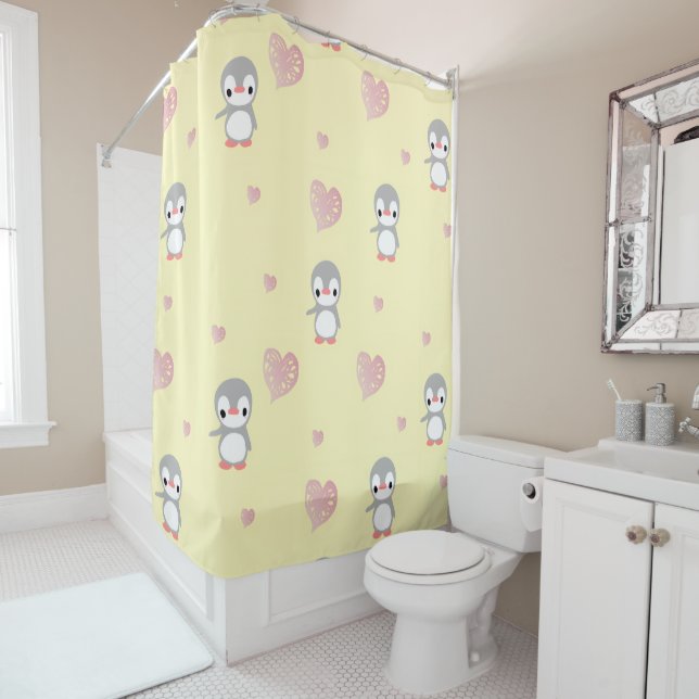 Cozy Heart Warming Penguin Shower Curtain (In Situ)