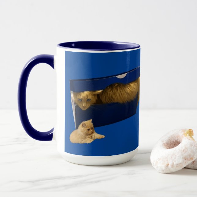 "Cozy Hideaway: The Ginger Cat in the Shoe Box" Mug (With Donut)
