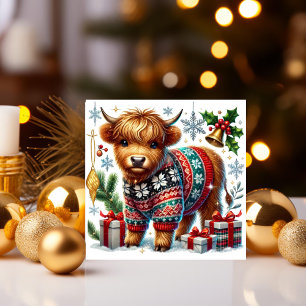 Cozy Highland Cow in Christmas Sweater Holiday Card