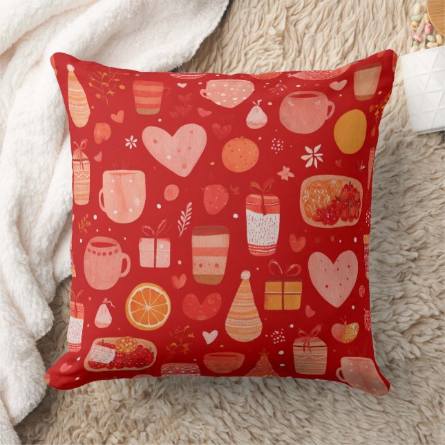 Cozy Holiday Mugs and Gifts Red Pattern Cushion (Blanket)