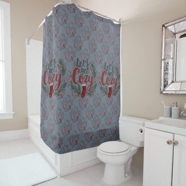 Cozy Holiday Pine Berry Lettering Shower Curtain (In Situ)