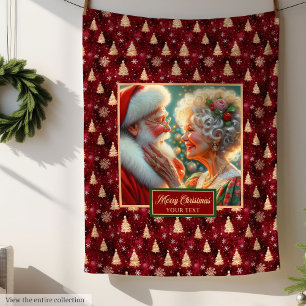 Cozy Holiday Throw Blanket Burgundy Gold Santa 