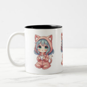 Cozy Kawaii Anime Girl with Cat Hoodie – Hot Drink Two-Tone Coffee Mug