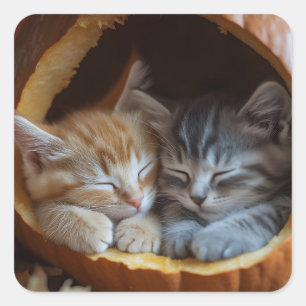 Cozy Kittens Snuggle in a Pumpkin Square Sticker