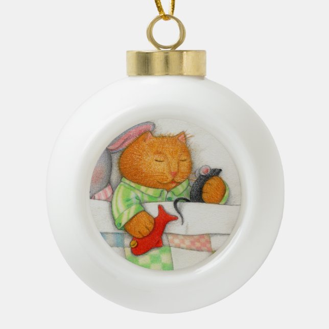 COZY KITTY Ceramic Ball Ornament  (Front)
