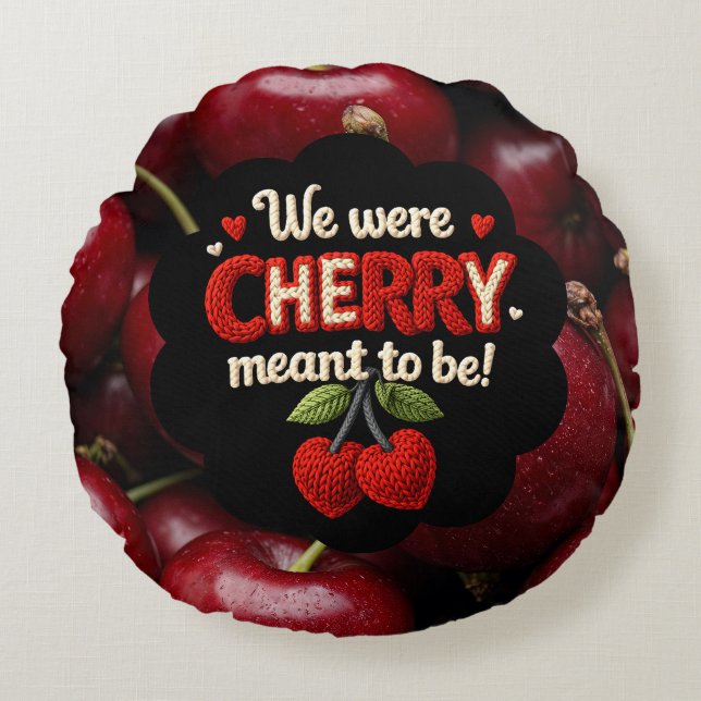 Cozy knitted-style typography and adorable cherry  round cushion (Front)