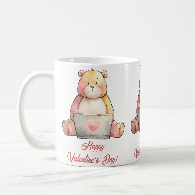 Cozy Laptop Bear Valentine`s Day Coffee Mug (Left)