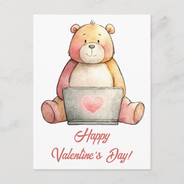 Cozy Laptop Bear Valentine`s Day Postcard (Front)