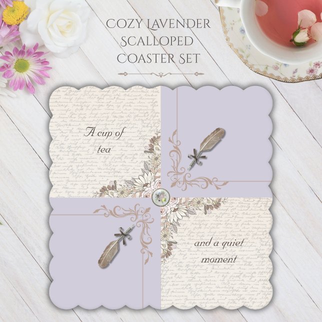 Cozy Lavender Bookish Scalloped Edge Paper Coaster (An elegant and unique gift for her that adds a chic touch to any room)