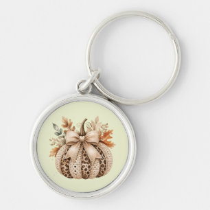 Cozy Leopard Print & Crochet Pumpkin Neutral Fall Key Ring