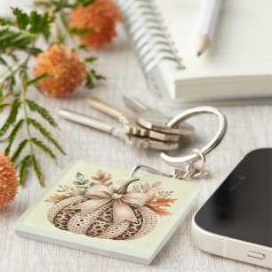 Cozy Leopard Print & Crochet Pumpkin Neutral Fall Key Ring