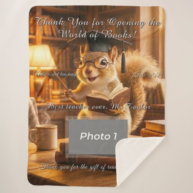 Cozy Library Squirrel Teacher Appreciation Blanket (Front)