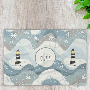 Cozy Lighthouse with Icy Waves Winter Nautical Tea Towel