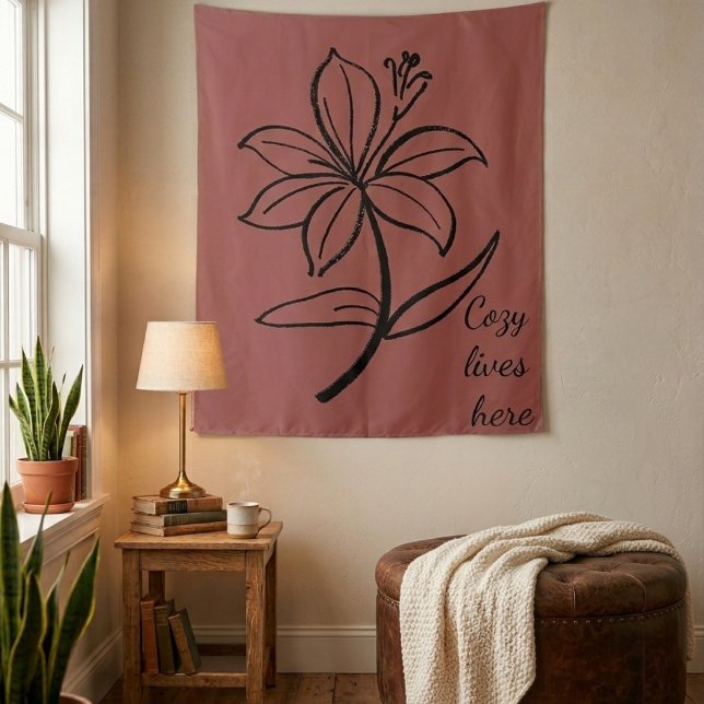 Cozy Lives Here | Warm Minimalist Botanical Wall T Tapestry (Creator Uploaded)