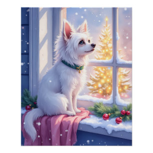 Cozy Maltese by Snowy Window Christmas Dog Art Poster