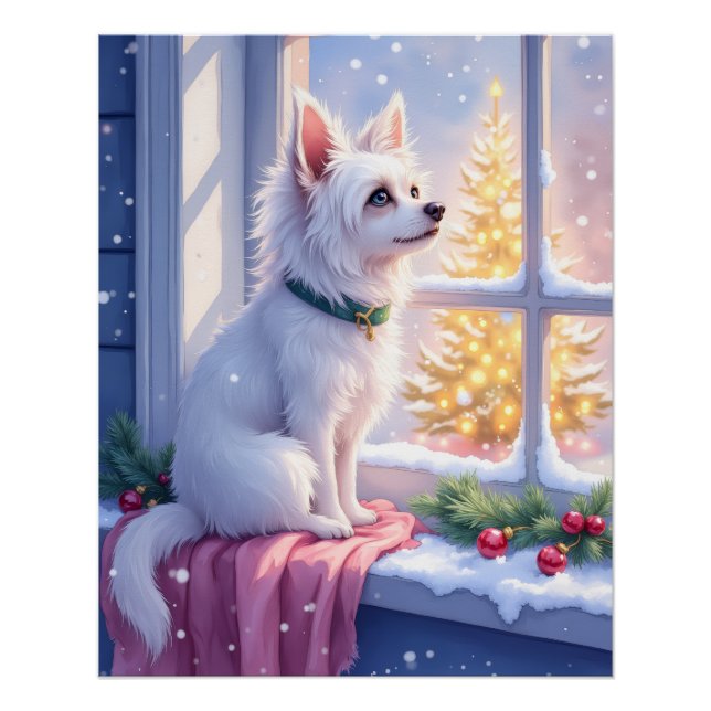 Cozy Maltese by Snowy Window Christmas Dog Art Poster (Front)