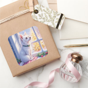 Cozy Maltese by Snowy Window Christmas Dog Art Square Sticker