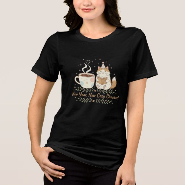 Cozy New Year Cat: Coffee & Reading Illustration Tri-Blend Shirt (Front)