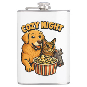 Cozy Night Movie Time – Cute Dog,Cat,Mouse Popcorn Hip Flask
