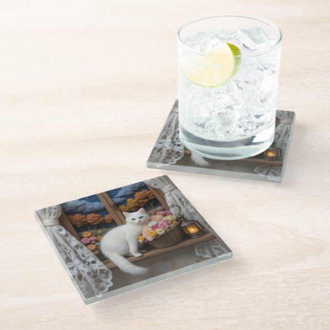 Cozy Nighttime Window Scene Glass Coaster (Angled)