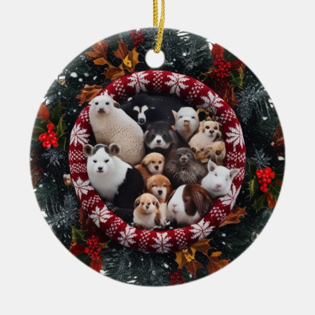 Cozy Nordic Knit Woodland Critters Ceramic Circle  Tree Decoration (Front)