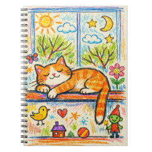 Cozy Orange Cat on Windowsill Whimsical Crayon Art Notebook