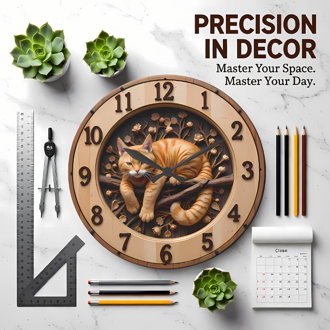 Cozy Orange Tabby Cat Wood Large Clock (Creator Uploaded)