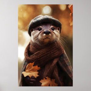 Cozy Otter Fall Art Print, Woodland Animal Poster