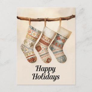 Cozy Patterned Christmas Stockings Holiday Postcard