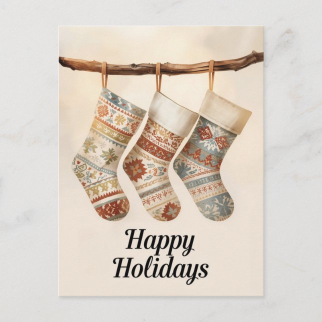 Cozy Patterned Christmas Stockings Holiday Postcard (Front)