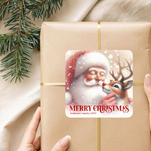 Cozy Personalized Santa and Rudolph Christmas Gift Square Sticker