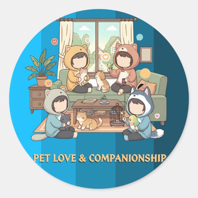 Cozy Pet Friends Chibi Anime Art Classic Round Sticker (Front)