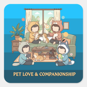 Cozy Pet Friends Chibi Anime Art Square Sticker