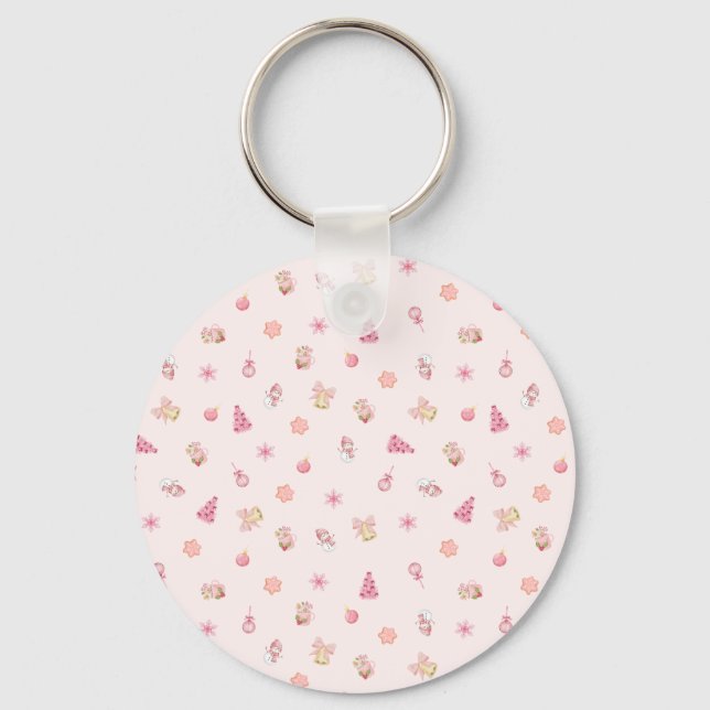 Cozy Pink Christmas Pattern Key Ring (Front)