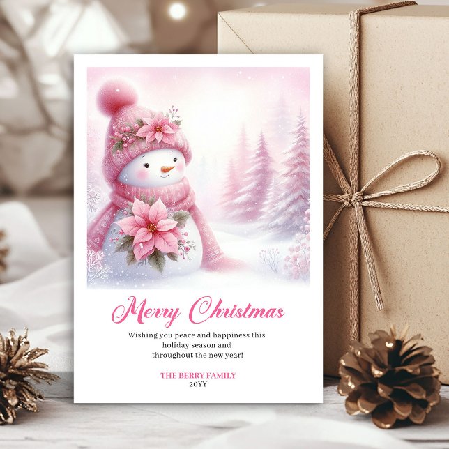 Cozy pink snowman Christmas kids card instant down (Cozy pink snowman Christmas kids card instant download)