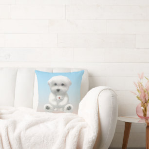 Cozy Plush Moment: Smiling Bichon Hugging Mini Pup Cushion