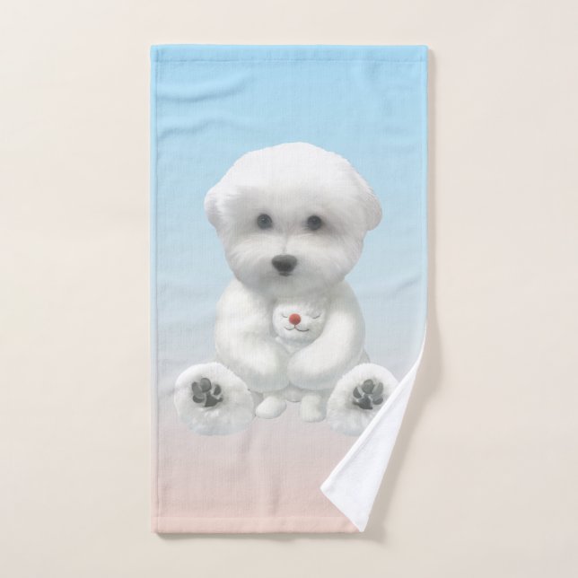 Cozy Plush Moment: Smiling Bichon Hugging Mini Pup Hand Towel (Hand Towel)