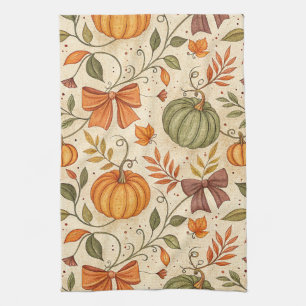 Cozy Pumpkin Botanical Autumn Seamless Pattern (1) Tea Towel