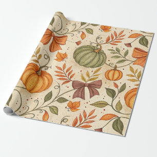 Cozy Pumpkin Botanical Autumn Seamless Pattern (1) Wrapping Paper