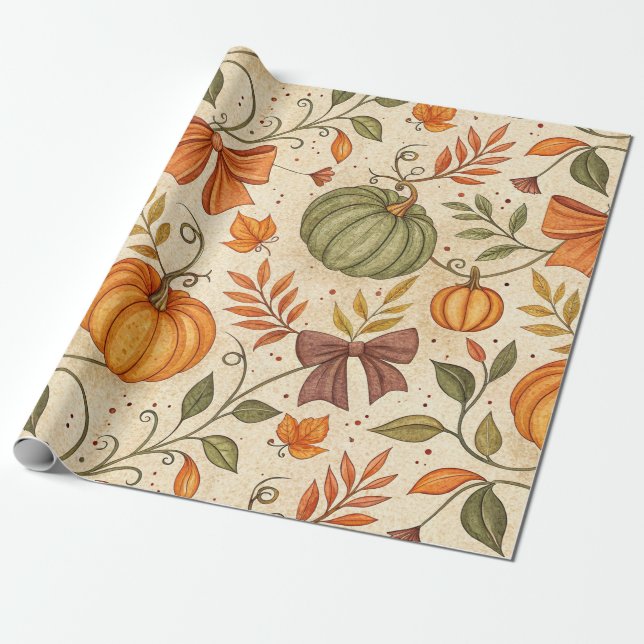 Cozy Pumpkin Botanical Autumn Seamless Pattern (1) Wrapping Paper (Unrolled)