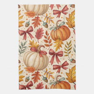 Cozy Pumpkin Botanical Autumn Seamless Pattern (3) Tea Towel
