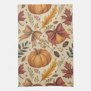 Cozy Pumpkin Botanical Autumn Seamless Pattern (4) Tea Towel