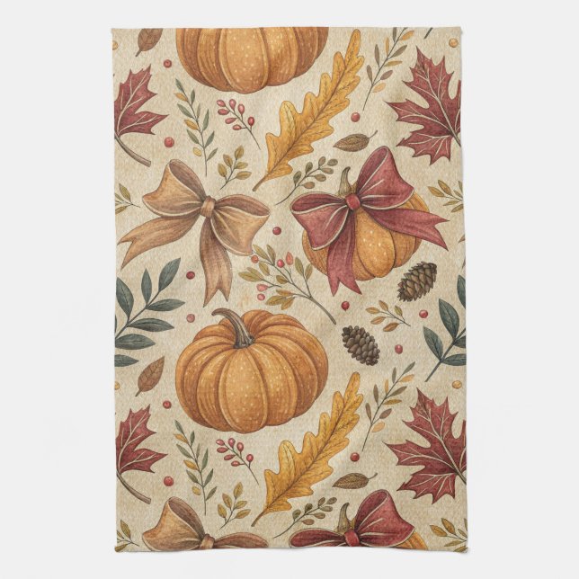 Cozy Pumpkin Botanical Autumn Seamless Pattern (4) Tea Towel (Vertical)