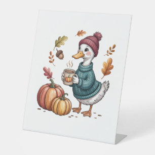 Cozy Pumpkin Coffee Goose Fall Art Pedestal Sign