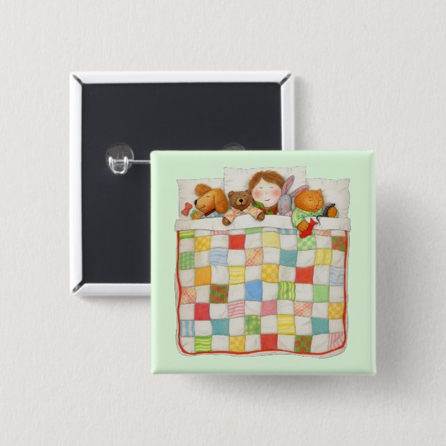 COZY QUILT Square Button Pin - Green (Front & Back)