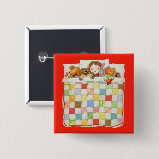 COZY QUILT Square Button Pin - Red (Front & Back)